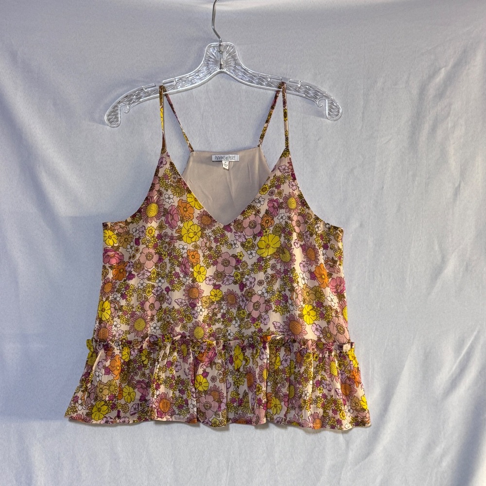 Patrons of Peace Floral Cami Top Womens Medium Pink Yellow Boho Peplum Retro 70s